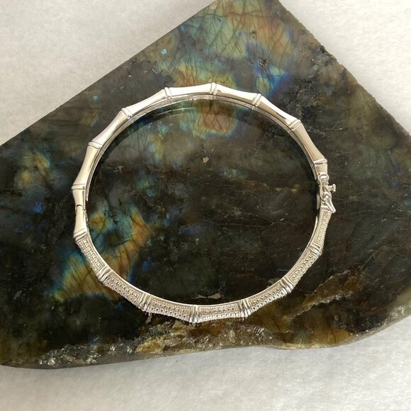 Sterling Silver 925 DBJ Oval Bamboo Hinged Diamond Bangle Bracelet Sz 7.25" - Picture 7 of 16